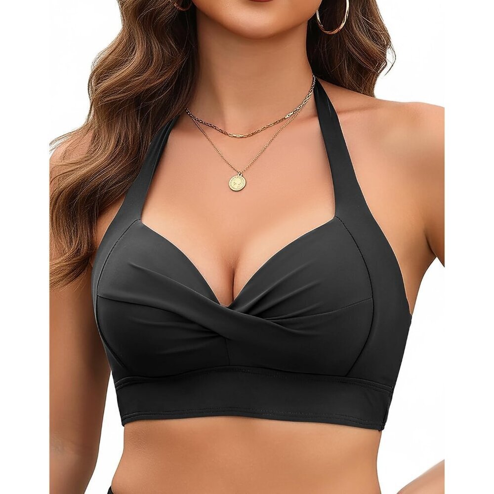 Women Halter Bikini Top Push Up Padded Swimsuit Beachwear Size M Black